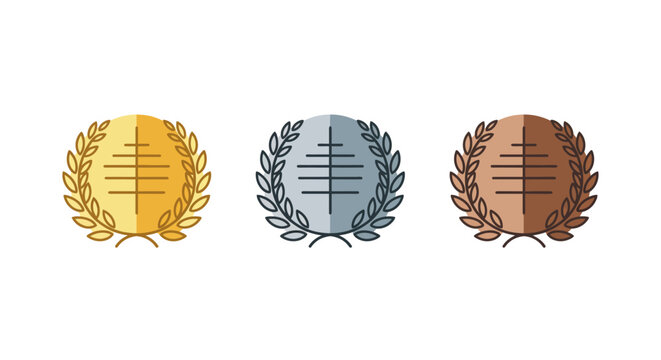 Gold silver bronze medals symbolizing achievement laurel wreath award for competition success celebrating victory and recognizing sporting excellence.