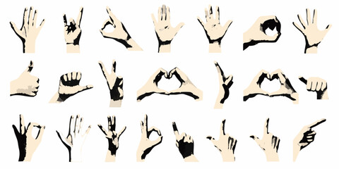 Collection of hand gestures in various poses on a white background