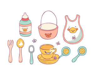 Illustrations set with tableware for babies. Bottles, bib, non-spill, dish, spoon. Mealtime, baby feeding. Cute unisex design. Hand drawn vector illustration. Childhood, motherhood, baby store.
