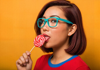 A playful portrait of a woman with a lollipop brings a bright, cheerful vibe to your project. Perfect for youthful brands and vibrant campaigns.