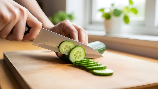 Healthy hands in a kitchen slice a fresh, green cucumber for a healthy food preparation - Powered by Adobe