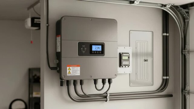 Closeup of a solar inverter with conduit and electrical panel installed in a garage setting