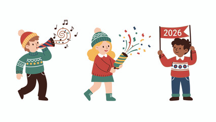Three diverse children in winter clothes celebrate the New Year 2026 with a party horn, popper, and flag.