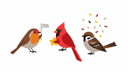 Three cartoon birds celebrating, with a robin holding a 2026 flag, a cardinal with a star, and a sparrow with confetti.