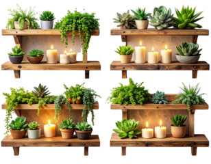 Natural Wooden Shelves with Plants and Candles Bundle, isolated on transparent background