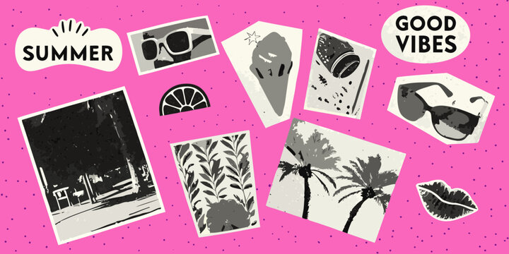 Summer memories collage with retro style on a pink background