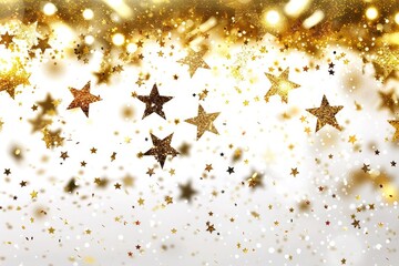 Gold stars falling for a celebratory banner. Bokeh lights blurred in the background