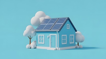 Solar-Powered Home Sustainable Energy and Eco-Friendly Living on a Blue Background