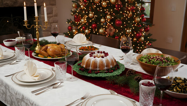 Festive dinner with delicious cake served on table indoors. Christmas Eve celebration