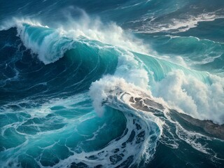 Powerful ocean waves crashing with turquoise blue water and sea foam showcasing nature's raw energy perfect for travel ads or environmental campaigns