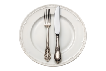 Fork and Knife on White Plate Isolated on Transparent Background