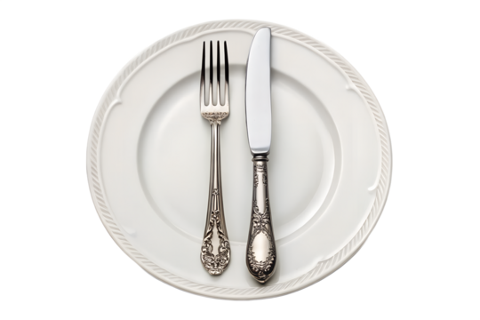 Fork and Knife on White Plate Isolated on Transparent Background