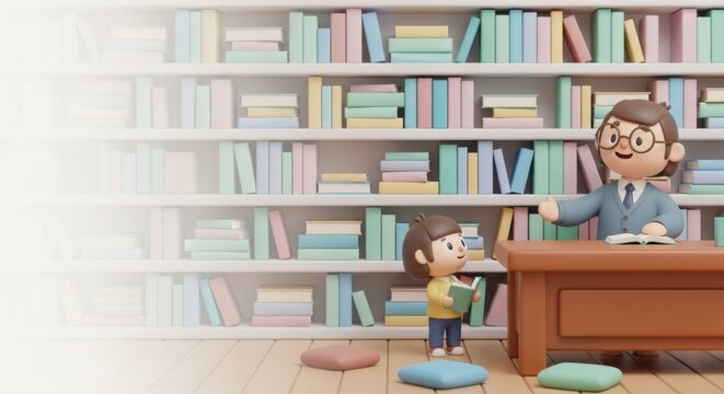 Cartoon teacher with student reading book in library with bookshelf. Education concept. - Powered by Adobe