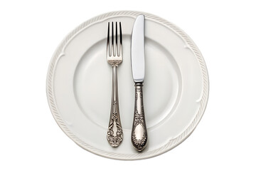 Fork and Knife on White Plate Isolated on Transparent Background