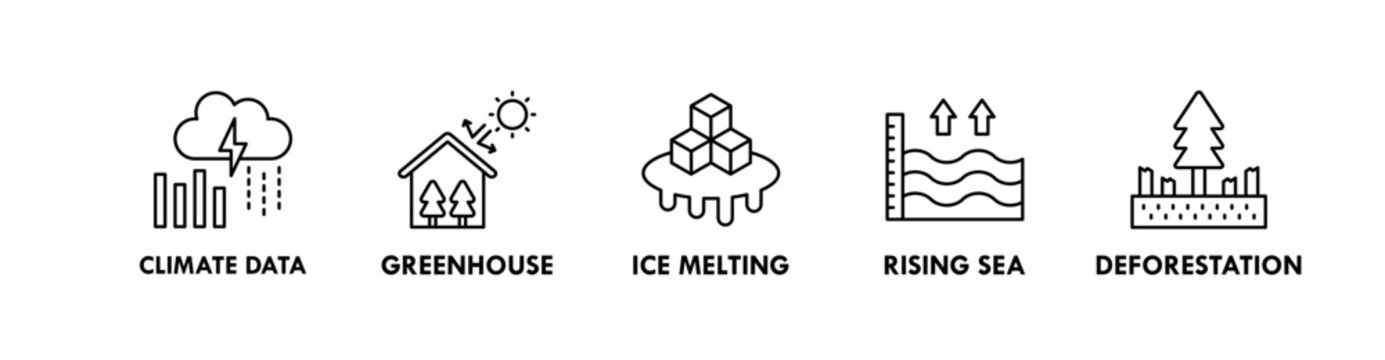 Climate Change banner web icon illustration concept with icon of climate data, greenhouse, ice melting, rising sea, and deforestation