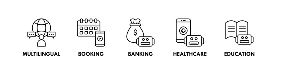 Chatbot banner web icon illustration concept with icon of multilingual, booking, banking, healthcare, and education