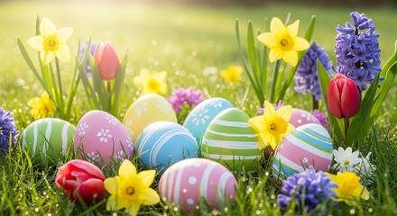 Colorful easter eggs and vibrant spring flowers in green grass, sunny