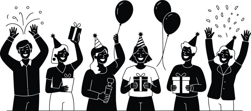 A diverse group of joyful people celebrate a special occasion with gifts and party hats