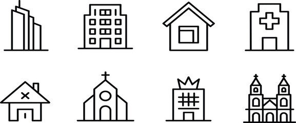 Set of City and Landmark Building Line Icons; Hospital, Church, House, Skyscraper, Architecture Vector Symbols