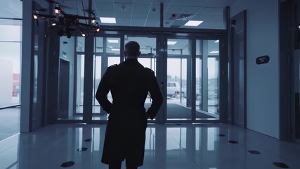 Security guard walking through office building corridor while surveillance drone monitors his activity, ensuring safety and security within the premises