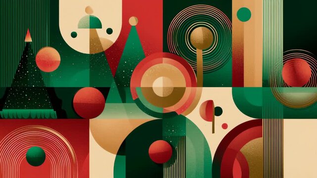 A colorful painting of Christmas decorations. There are many different shapes and sizes of circles and squares. Graphic clean poster style christmas design red green gold white