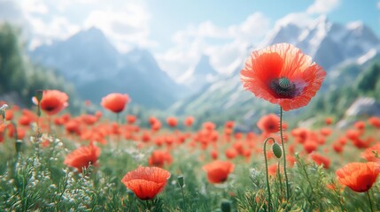 Obraz premium Vibrant Red Poppies Blooming in a Sunlit Mountain Meadow with Snow-Capped Peaks in the Background on a Clear Day