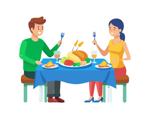 Young couple animation holding fork and knife while enjoying roasted turkey and pie on the table during thanksgiving celebration at home. Shot in 4k resolution
