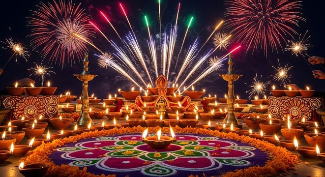 Vibrant diwali celebration with lit diyas, colorful rangoli, and dazzling fireworks