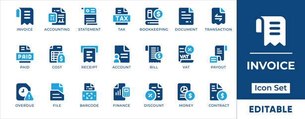 Invoice and Tax Icon Set. Vector Glyph Icons for Accounting, Business, Letter, and Financial Billing.