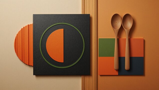 Abstract geometric shapes, natural wooden spoons, earthy tones