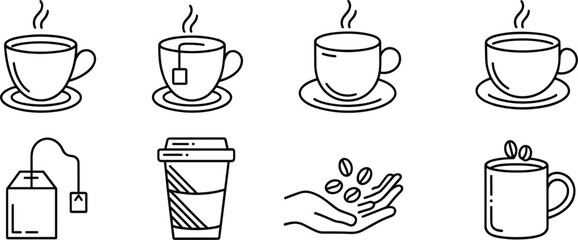 Set of Coffee and Tea Hot Drink Line Icons; Mug, Cup, Beans, Teabag, Takeaway Vector Symbols Collection