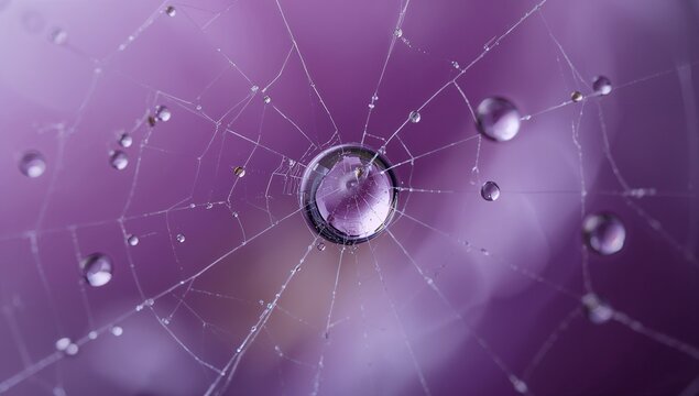 Spiderweb with water drops on purple background, close up detail