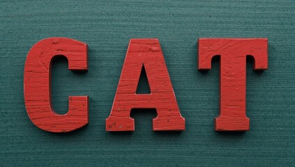 Red wooden distressed letters spelling 'cat' on teal background