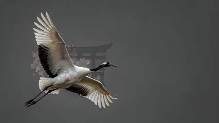 Elegant Crane Soaring Past Japanese Torii Gate Illustration