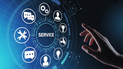 Connected Service: A digital interface showing service concept with technology icon and a finger pointing at the central word SERVICE. Depicting customer care.