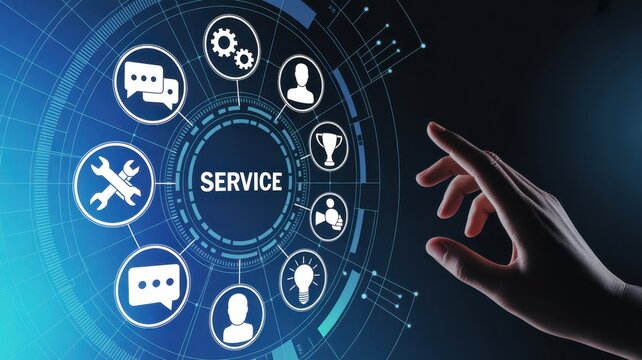Connected Service: A digital interface showing service concept with technology icon and a finger pointing at the central word SERVICE. Depicting customer care.