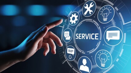 Service at Your Fingertips: A hand reaches out, initiating a circular digital interface with the word SERVICE at its core.