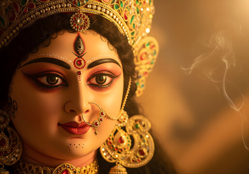 Close-up of Goddess Durga Divine Beauty, Traditional Indian Jewelry, Hindu Religion, Portrait.