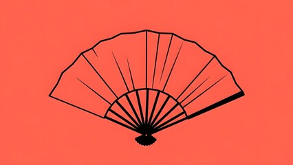 Elegant black outline of a traditional folding hand fan on a vibrant coral background, representing culture and summer cooling