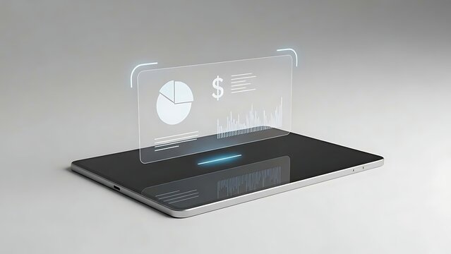 Holographic data analytics display above tablet showing financial charts.