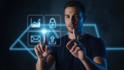 Young man interacting with futuristic digital interface and virtual icons.