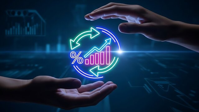 Hands protect digital growth icon financial return, business strategy, progress,