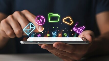 Digital data communication icons floating above a smartphone screen touch,