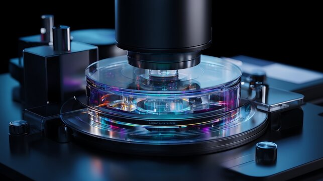 AI molecular analyzer device, transparent core, rotating molecular hologram, white lab, neon glow, precision lens