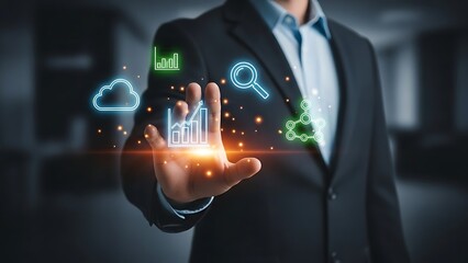 Modern executive touching holographic data analysis, cloud computing interface.