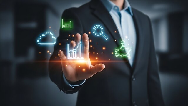 Modern executive touching holographic data analysis, cloud computing interface.