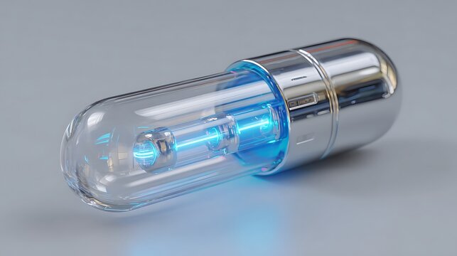The futuristic drug-delivery nanocapsule device features a transparent body with a neon blue glow, emphasizing a luxurious, high-tech design like equipment found in a future research center.