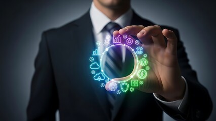 Businessman holding holographic ring of digital business icons and global data.
