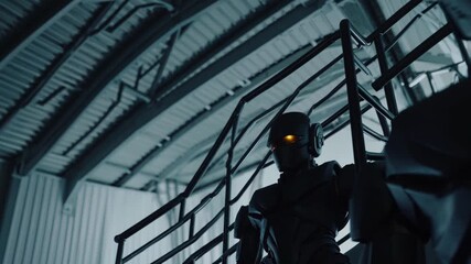 Dark humanoid robots with glowing orange eyes ascending metal industrial stairs, representing concepts of artificial intelligence, surveillance, and futuristic technology in a dystopian setting - Powered by Adobe