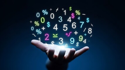 Digital numbers and financial symbols floating over a hand, data concept.